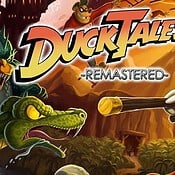 Dagobert Duck springt en zwaait met z'n wandelstok in DuckTales Remastered op de Apple TV