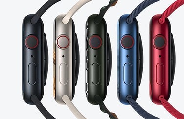 Apple Watch Series 7 in aluminium vanaf de zijkant.