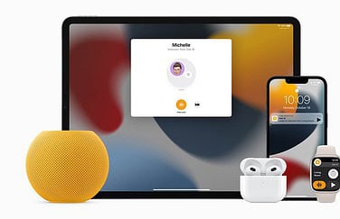 Apple HomePod mini met intercom met iPhone 12, Apple Watch Series 7, AirPods 3 en iPad Pro 2021.