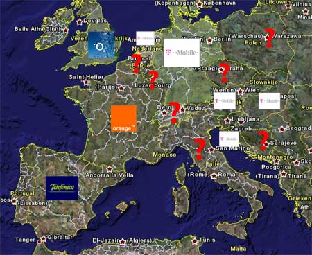 Wereldkaart iPhone providers Europa - T-Mobile, Orange, O2 and Telefonica