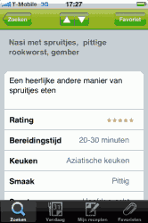 Bij elk recept een rating, bereidingstijd, keuken en smaak - maar je kunt er niet op zoeken