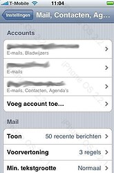iPhone 2.2.1 instellingen voor Mail, Contacten en Agenda.