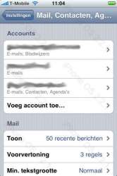 iPhone 2.2.1 instellingen voor Mail, Contacten en Agenda.