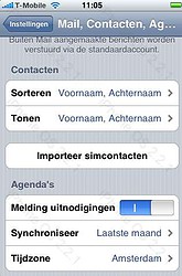 iPhone 2.2.1 instellingen voor Mail, Contacten en Agenda.