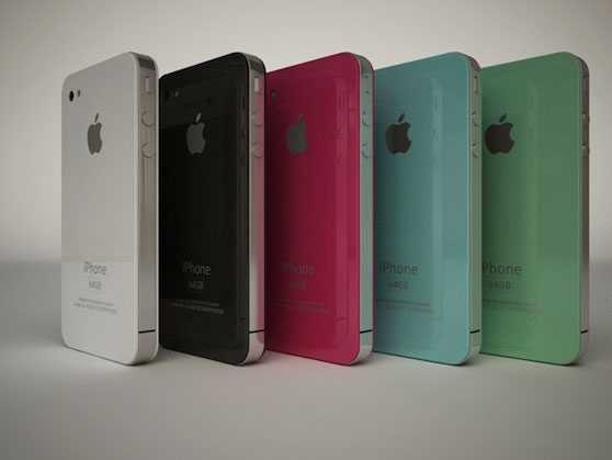 iPhone-mockup in vijf kleuren.