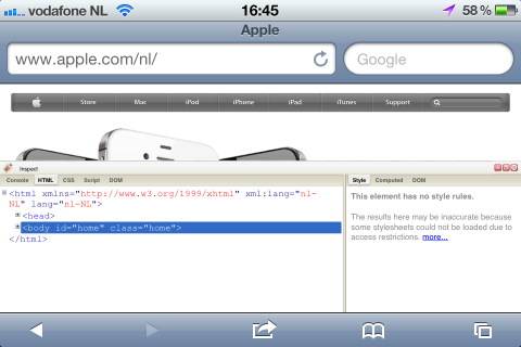 Screenshot van Firebug in Safari