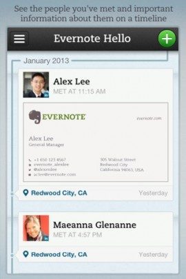 Evernote Hello timeline contacten