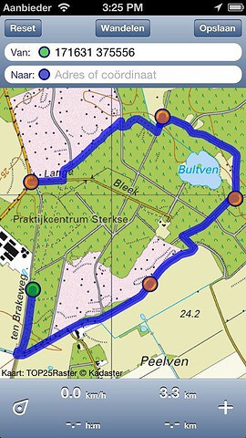 Topo GPS route op kaart
