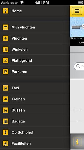 Schiphol iPhone hoofdmenu links