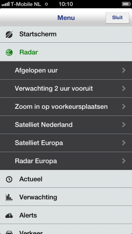 Buienradar iPhone hoofdmenu