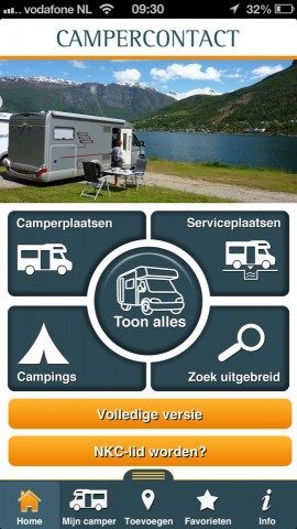 Camperplaats iPhone-app hoofdmenu