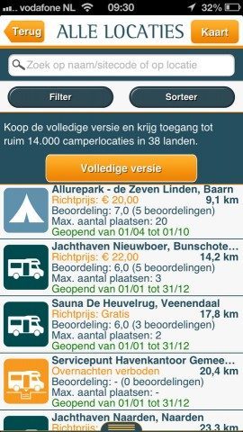 Camperplaats locaties op rij