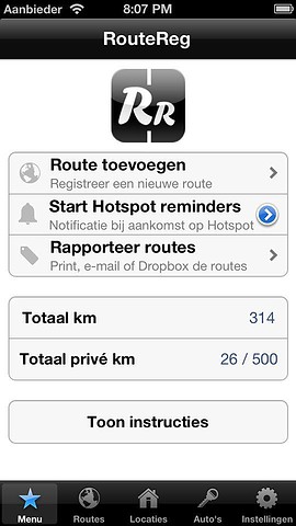 RouteReg hoofdmenu kilometers