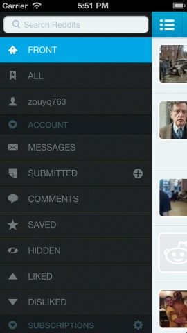 iAlien Reddit client iPhone hoofdmenu