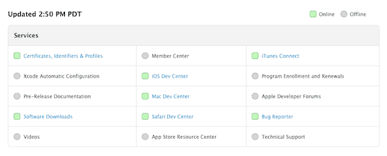 Apple Dev Center statuspagina