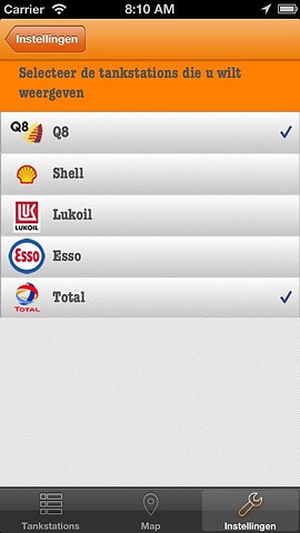 Fuel Finder welke tankstations weergeven op iPhone