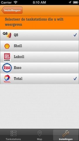 Fuel Finder welke tankstations weergeven op iPhone