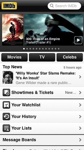 IMDb hoofdpagina iPhone-app