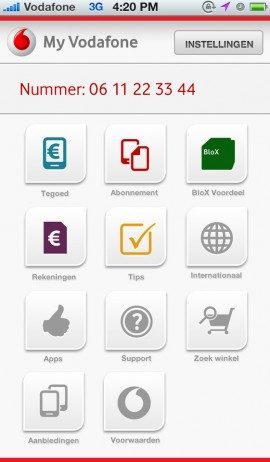 My Vodafone hoofdmenu met knoppen iPhone