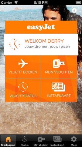 easyJet hoofdmenu met vluchtstatus