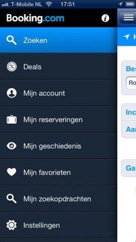 Booking.com vernieuwd zijmenu iPhone