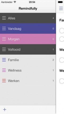 Remindfully iPhone hoofdmenu