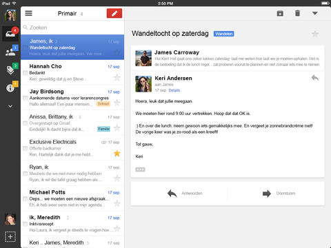 Gmail iPad grijze knoppenbalk helemaal links