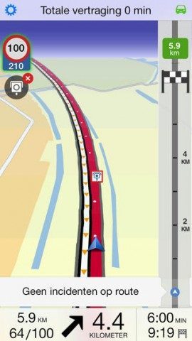 TomTom iOS 7: Navigatiescherm met incidentinformatie