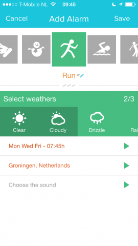 WakeApp Weather alarm instellen