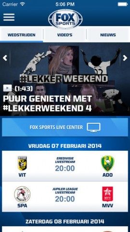 Fox Sports NL iPhone hoofdmenu