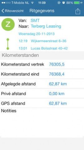 Kilometerregistratie ingevuld iPhone