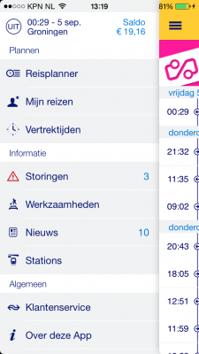 NS Reisplanner Xtra hoofdmenu