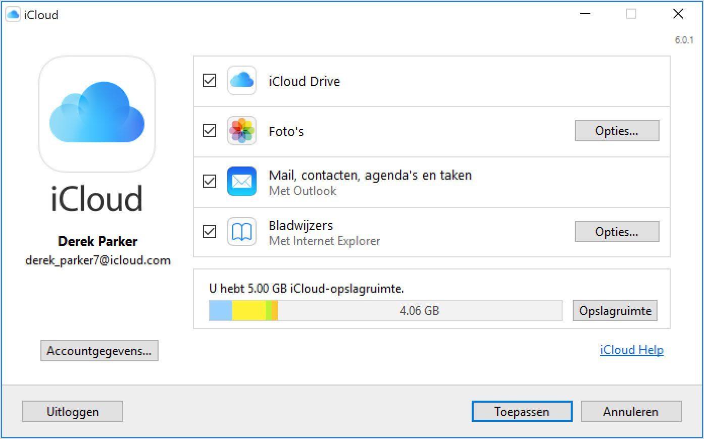 Instellingen in iCloud voor Windows.