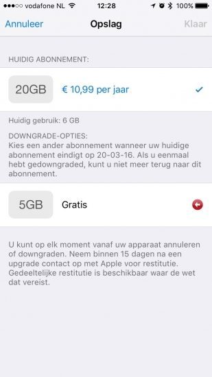 iCloud opslagruimte downgrade-mogelijkheden.