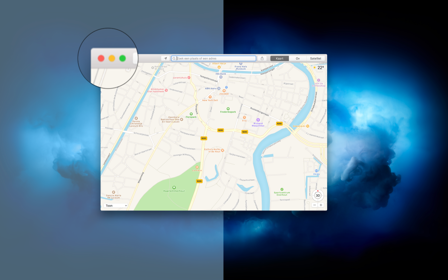 Split View op de Mac met Kaarten.