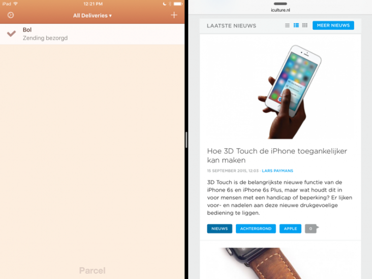 Parcel met multitasking op een iPad met iOS 9.