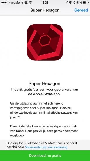 Super Hexagon downloadpagina in Apple Store-app.