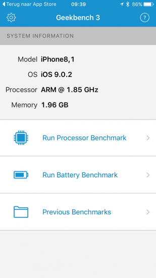 Geekbench test iPhone 6s toont 2GB RAM