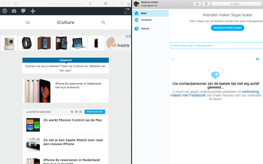 Split View op de Mac-versie van Skype.
