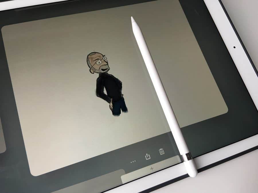 Apple Pencil review: de Pencil ligt op een iPad. Steve Jobs kijkt goedkeurend toe.