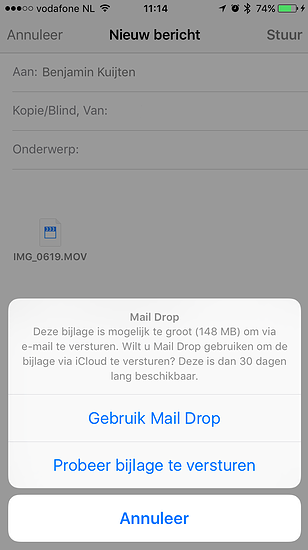 Mail Drop op de iPhone met een limiet van 5GB.