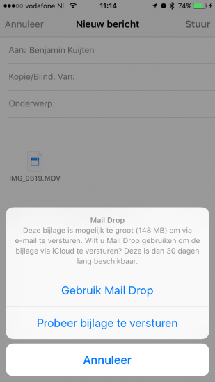 Mail Drop op de iPhone met een limiet van 5GB.