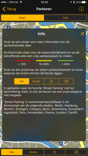 Filteropties voor parkeren in de straat met Navigon