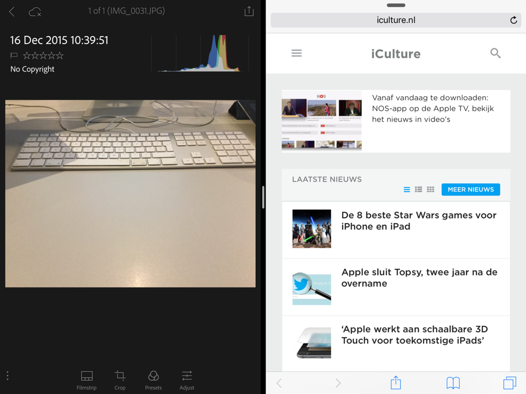 Adobe Photoshop Lightroom in Split View op de iPad.