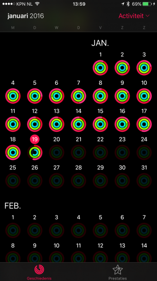 De activiteitenringen van Gonny met de Apple Watch.