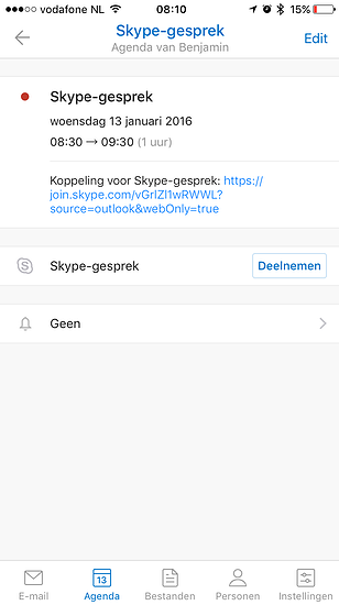 Skype-koppeling in Microsoft Outlook.