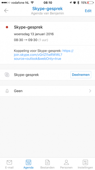 Skype-koppeling in Microsoft Outlook.