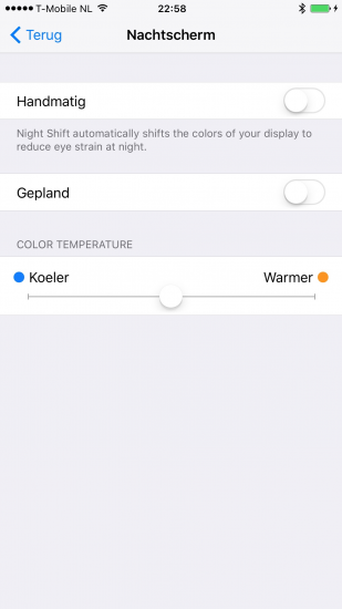 De instellingen voor de nachtmodus in de tweede beta van iOS 9.3.