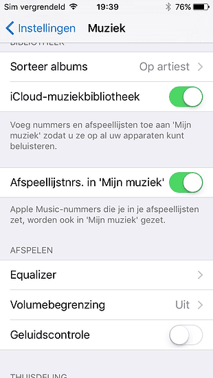 Afspeellijstnummers al dan niet toevoegen aan Mijn Muziek in iOS 9.3.