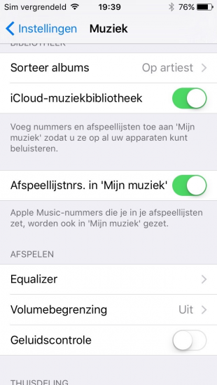 Afspeellijstnummers al dan niet toevoegen aan Mijn Muziek in iOS 9.3.